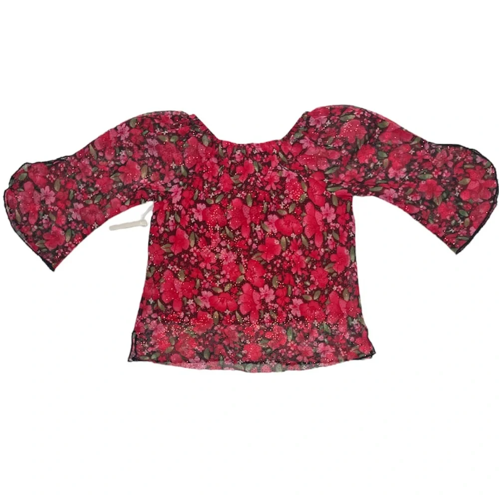 Girls Dress Set Sparkling Floral Glitter Red 2 pc Skirt & Blouse Dressy Outfit